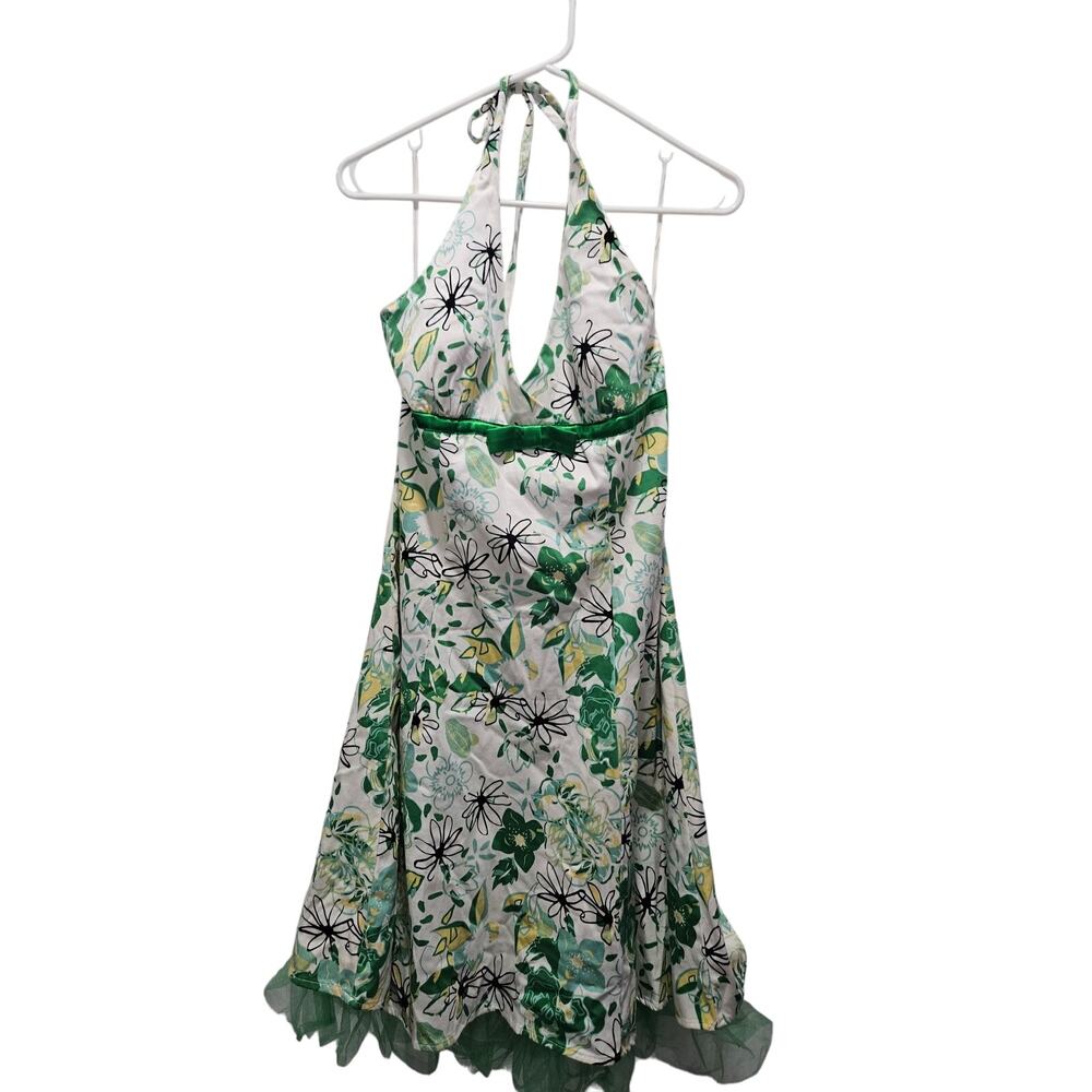 Y2K Morgan & Co Floral Halter Dress Juniors 7/8 Fairycore Mesh Overlay Mini - Picture 1 of 5